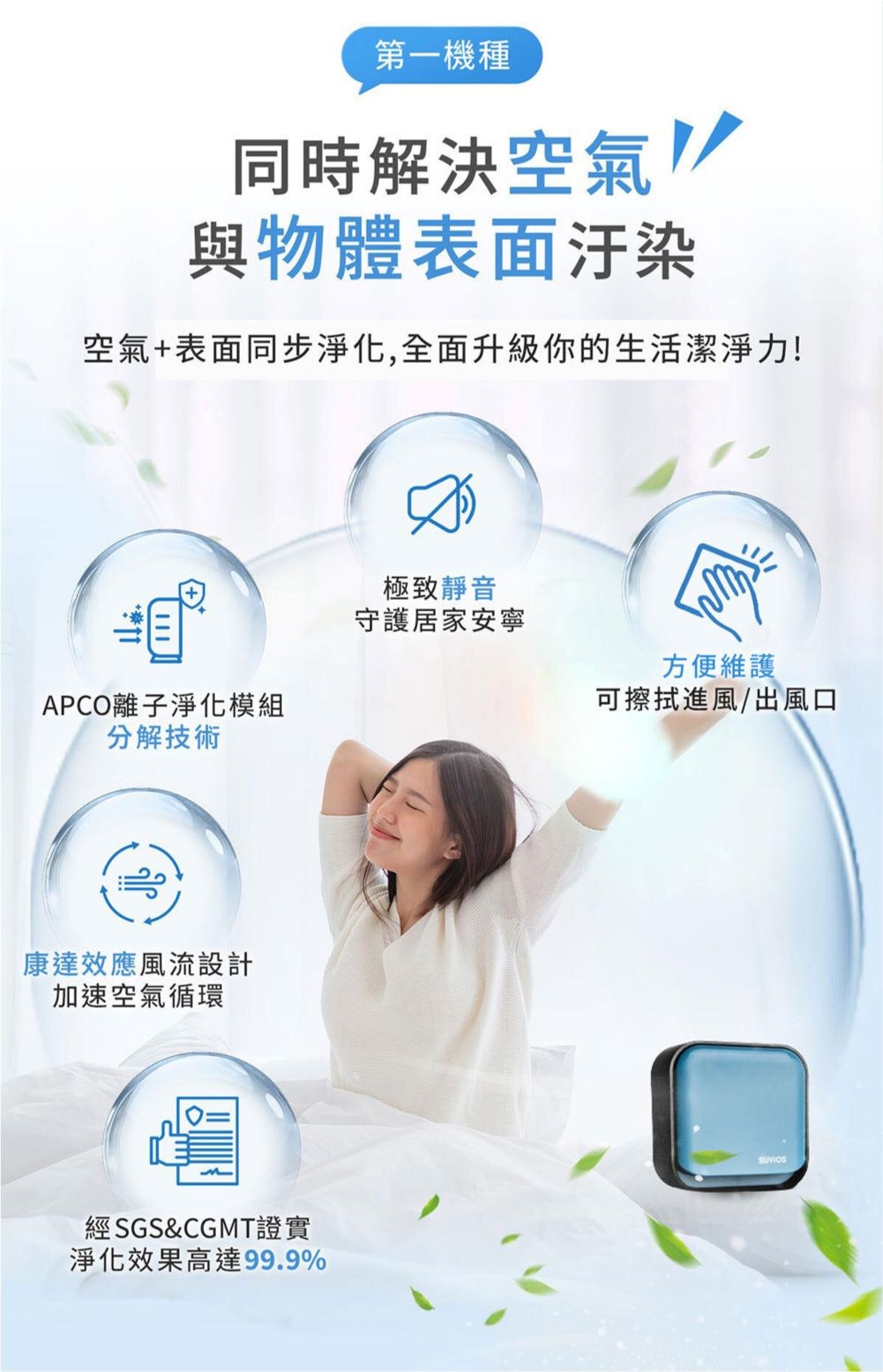 第一機種同時解決空氣與物體表面汙染空氣+表面同步淨化,全面升級你的生活潔淨力!極致靜音守護居家安寧方便維護APCO離子淨化模組可擦拭進風/出風口分解技術康達效應風流設計加速空氣循環經SGS&CGMT證實淨化效果高達99.9%SUVIOS