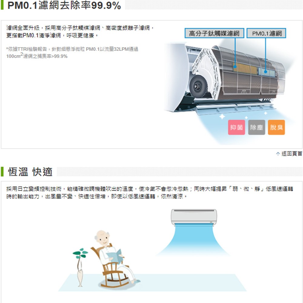 採用日立變頻控制技術,能精確微調機體吹出的溫度,使冷氣不會忽冷忽熱同時大幅提昇弱、微、靜低風速運韓